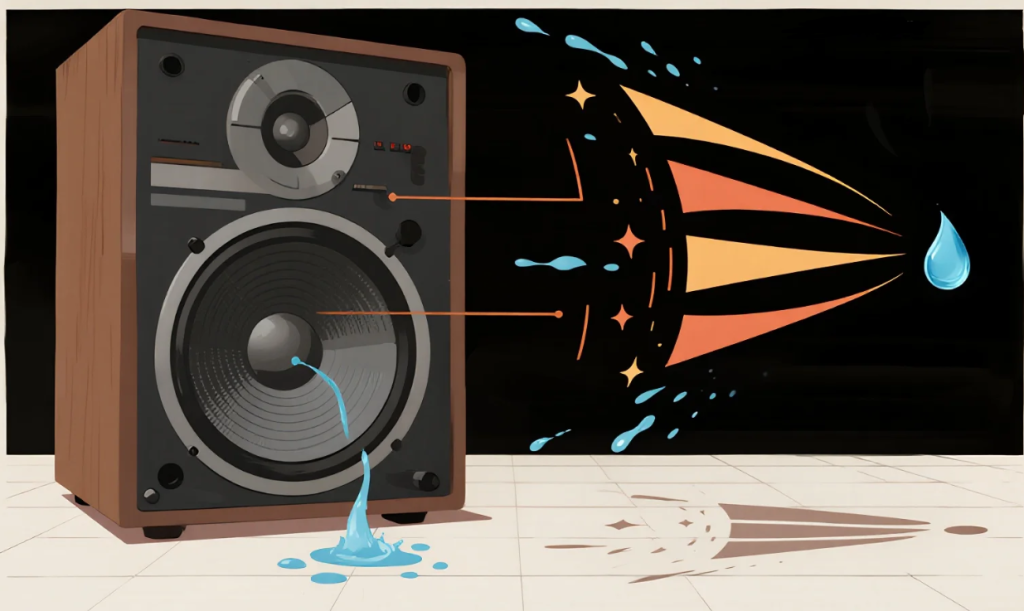 speaker membrane vibrating at resonant frequency with large amplitude