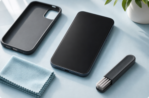 Smartphone, case, microfiber cloth, and soft brush arranged for safe cleaning