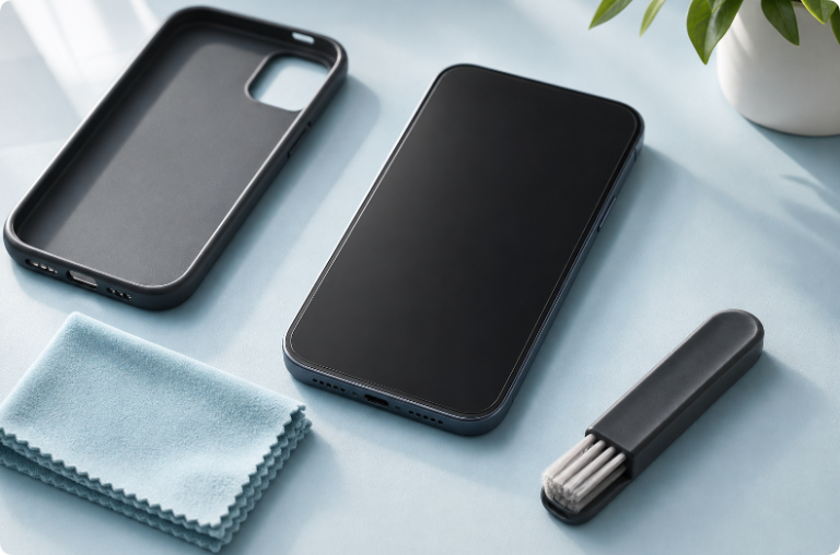 Smartphone, case, microfiber cloth, and soft brush arranged for safe cleaning