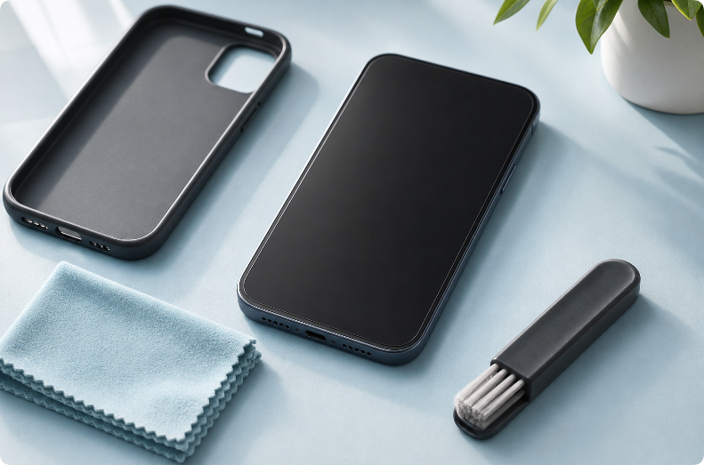 Smartphone, case, microfiber cloth, and soft brush arranged for safe cleaning