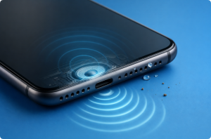Phone speaker producing sound waves beside small water droplets and dust