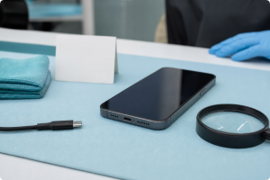 Powered-off smartphone being inspected beside a disconnected charging cable