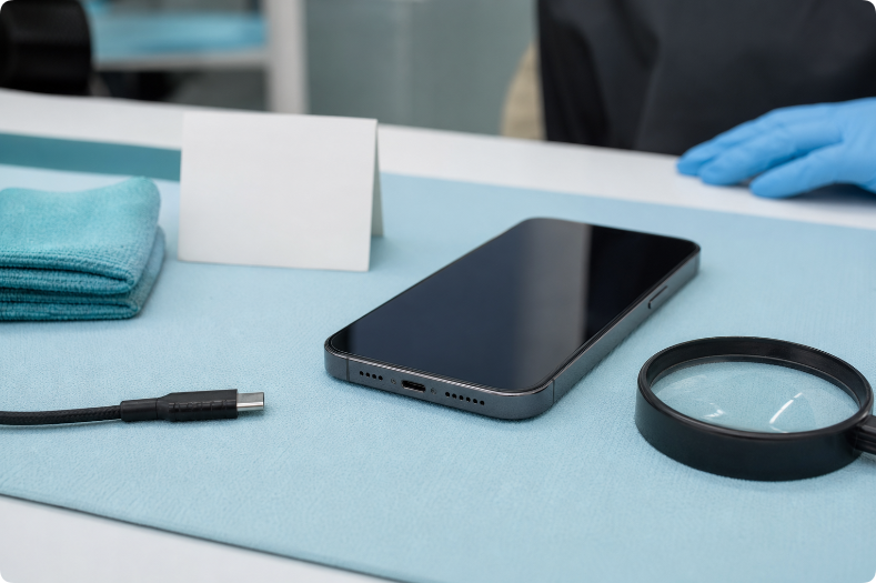 Powered-off smartphone being inspected beside a disconnected charging cable