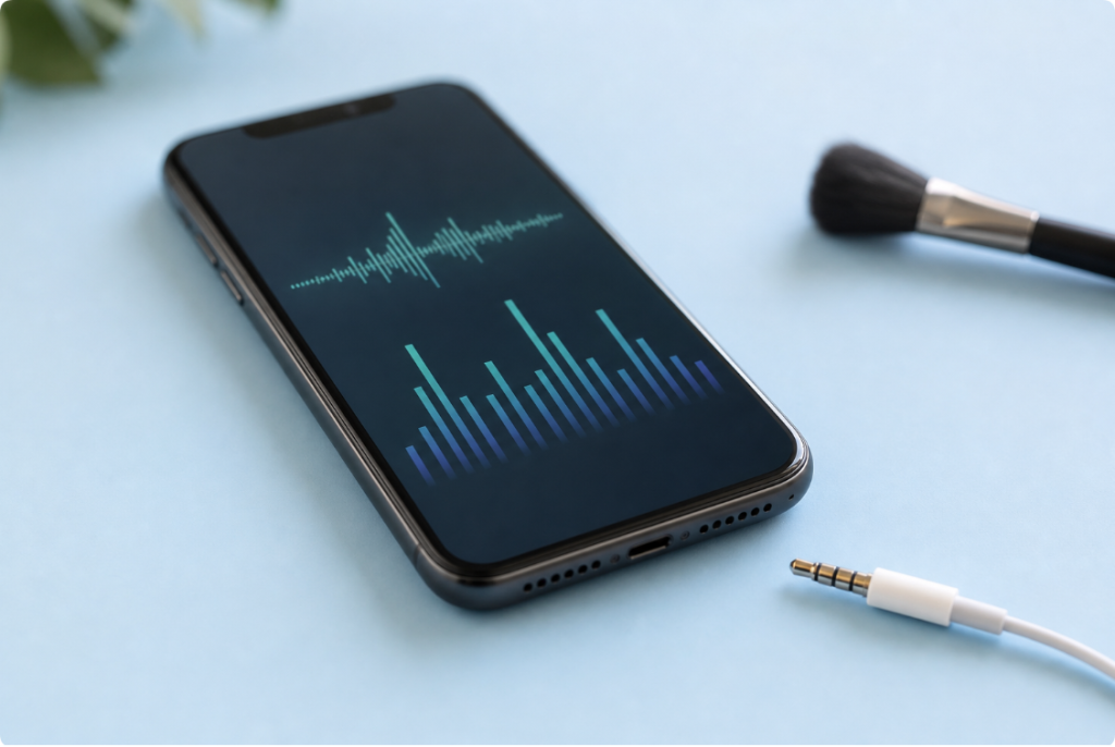 Smartphone showing audio waveforms beside a disconnected cable and soft brush