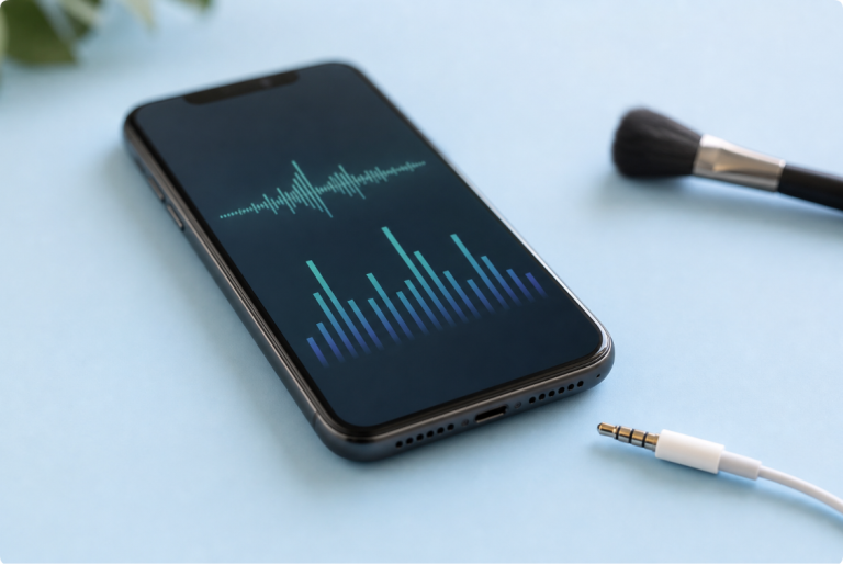 Smartphone showing audio waveforms beside a disconnected cable and soft brush