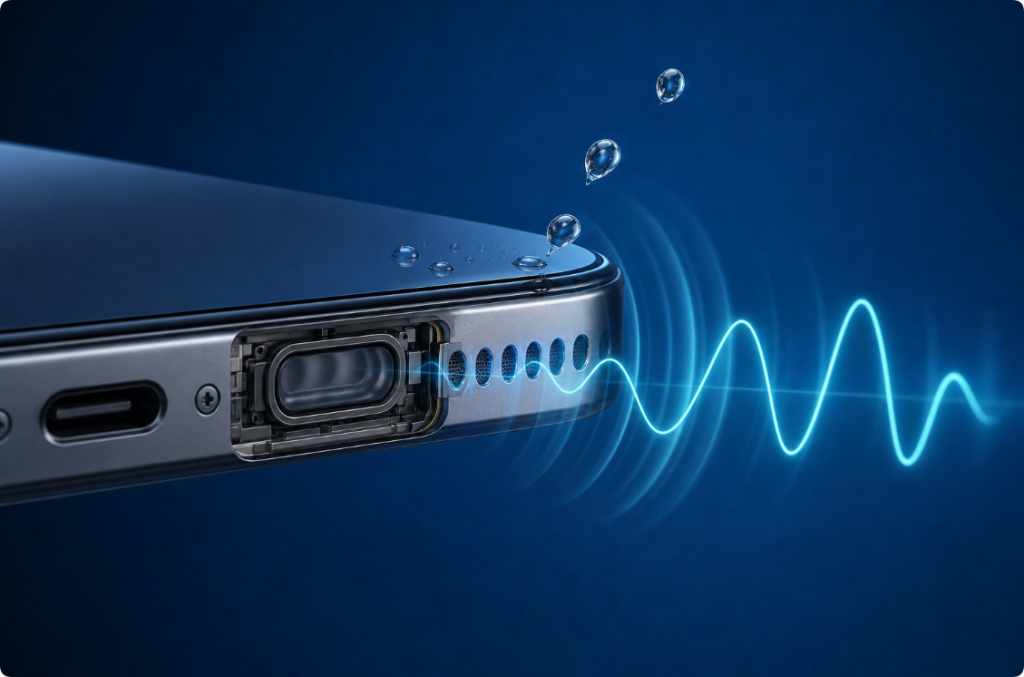 Phone speaker cutaway producing a low-frequency waveform that moves water droplets