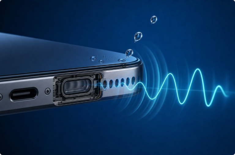 Phone speaker cutaway producing a low-frequency waveform that moves water droplets