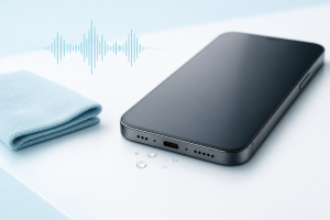 Brand-neutral phone with exterior microphone openings, small water droplets, and a recording waveform