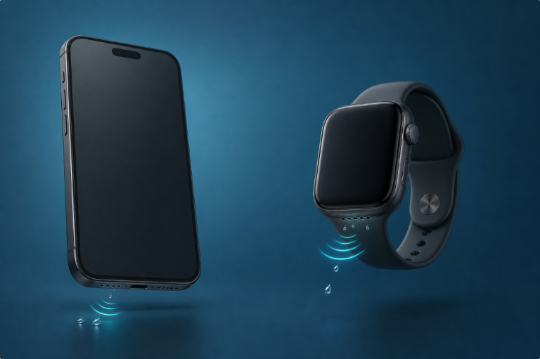 Brand-neutral phone and smartwatch using controlled speaker waveforms to move exterior water droplets