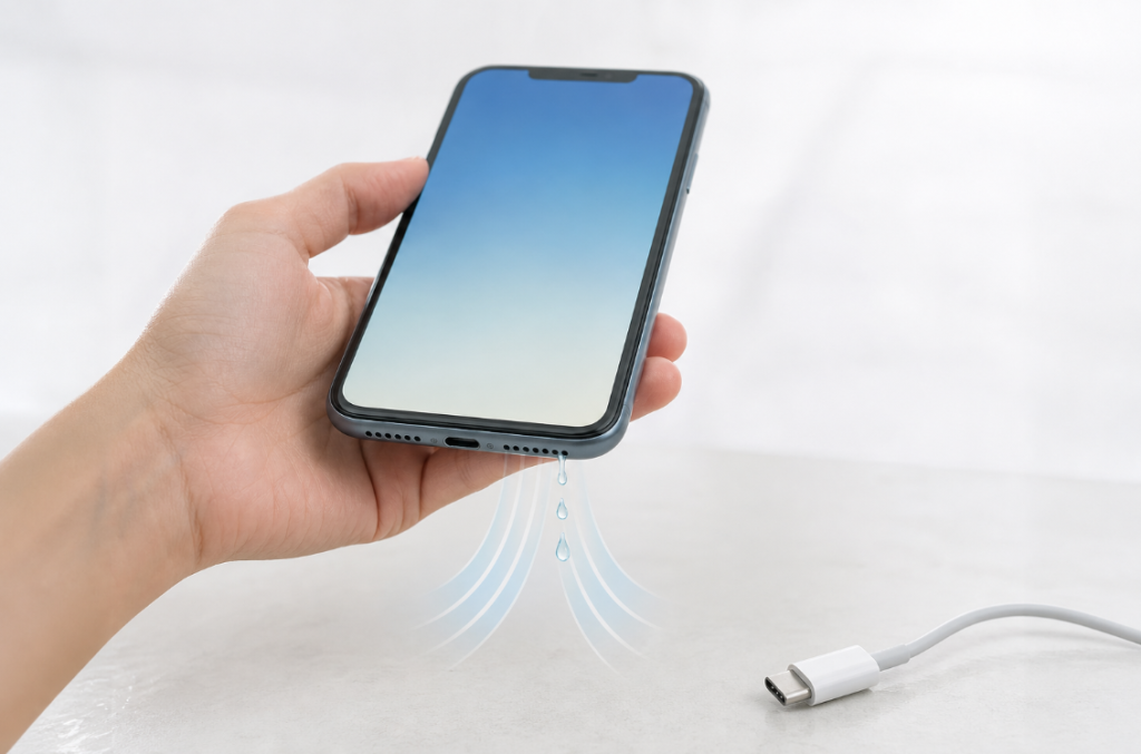 Phone held with the wet speaker facing downward and charging cable disconnected