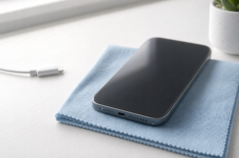 Smartphone drying on a microfiber cloth with its charging cable disconnected