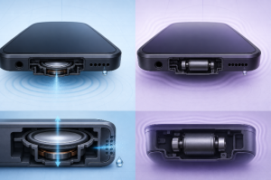 Cutaway comparison of a phone speaker diaphragm and vibration motor near water droplets