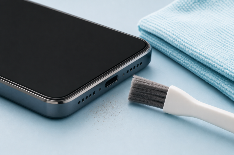 Soft brush and microfiber cloth beside a smartphone speaker grille