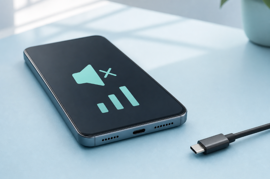 Smartphone with a mute symbol and a disconnected audio cable