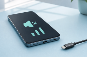 Smartphone with a mute symbol and a disconnected audio cable