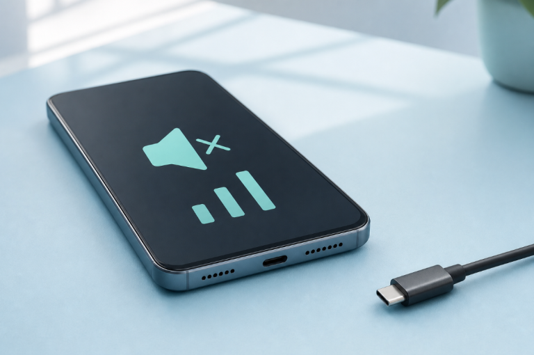 Smartphone with a mute symbol and a disconnected audio cable