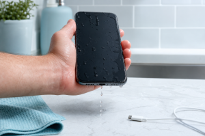 Wet smartphone held with its charging port downward beside a disconnected cable