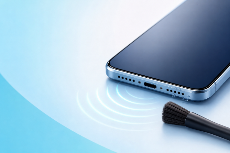 Generic smartphone speaker with sound waves during an online audio check