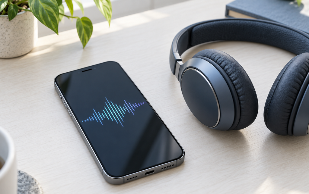 Smartphone and stereo headphones on a desk for comparing phone speaker and headphone playback
