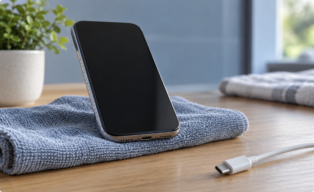 Smartphone with its charging port facing downward beside a disconnected cable on a dry towel