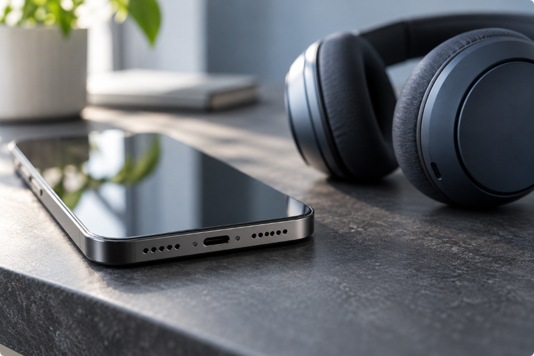 Close-up of a smartphone speaker grille with headphones nearby for comparing audio outputs