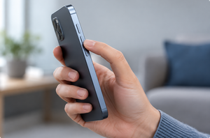 Hand holding a smartphone beside its physical volume buttons for a low-volume check