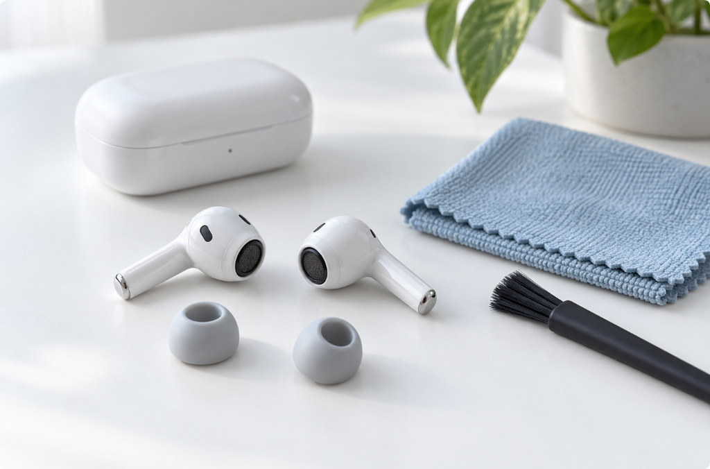 Wireless earbuds, removed silicone tips, a soft cloth, and a brush arranged separately on a clean tabletop