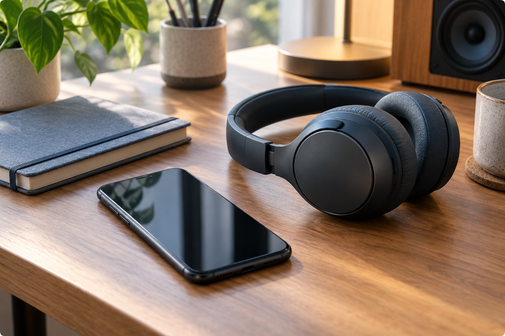 A phone with its screen off beside headphones on a tidy listening desk